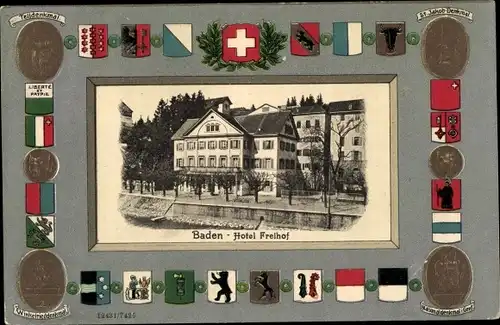 Präge Wappen Ak Baden Kanton Aargau Schweiz, Hotel Freihof