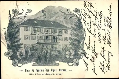 Litho Gersau Kanton Schwyz, Hotel und Pension des Alpes
