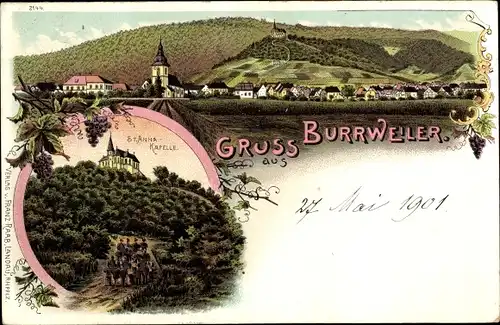 Litho Burrweiler Rheinland Pfalz, St. Anna Kapelle, Ortschaft