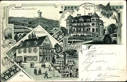Litho Münzensheim Kraichtal in Baden, Neunlinden, Aussichtsturm, Schloss d. Grafen Bismarck