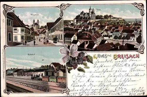 Litho Breisach am Oberrhein, Bahnhof, Gleisansicht, Neugasse, Totalansicht vom Ort