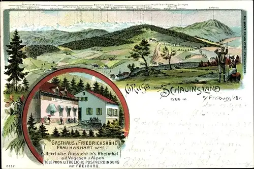 Litho Freiburg im Breisgau, Gasthaus zur Friedrichshöhe, Panorama vom Ort