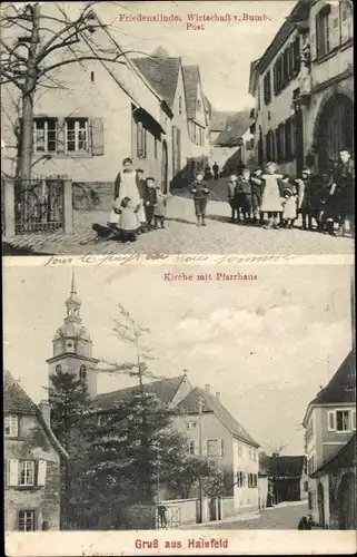 Ak Hainfeld in Niederösterreich, Kirche mit Pfarrhaus, Friedenslinde, Wirtschaft v. Bumb., Post