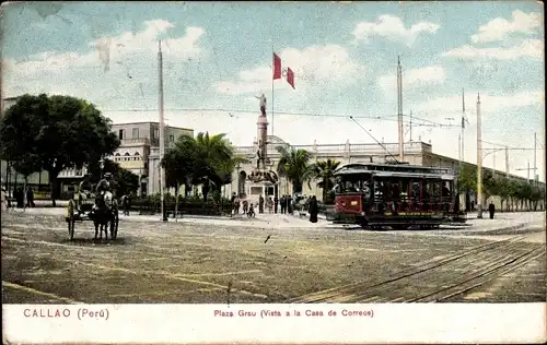 Ak Callao Peru, Plaza Grau, vista a la Casa de Correos, Straßenbahn