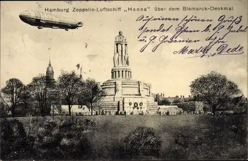 Ak Hamburg Mitte St. Pauli, Bismarck Denkmal, Zeppelin Luftschiff Hansa