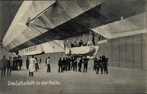 Ak Das Luftschiff in der Halle, Zeppelin