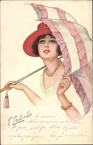 Künstler Ak Colombo, E., Portrait einer Frau mit Sonnenschirm