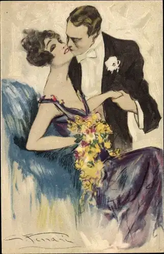Künstler Ak Liebespaar, Mann im Frack, Kuss