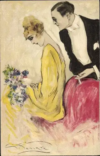 Künstler Ak Liebespaar, Mann im Frack mit Zigarette