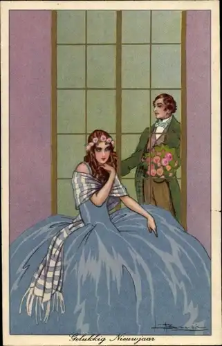 Künstler Ak Busi, Glückwunsch Neujahr, Frau in blauem Kleid, Mann mit Blumenstrauß