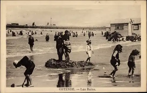 Ak Oostende Ostende Westflandern, Les Bains, Kinder am Strand, Badewagen