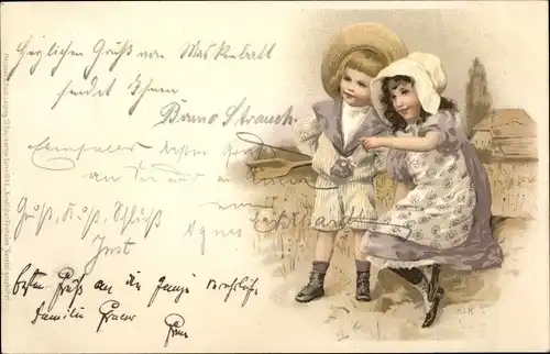 Künstler Litho Junge und Mädchen, Kindlicher Frohsinn