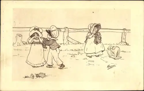 Künstler Ak Junge tröstet Mädchen, zerbrochener Krug