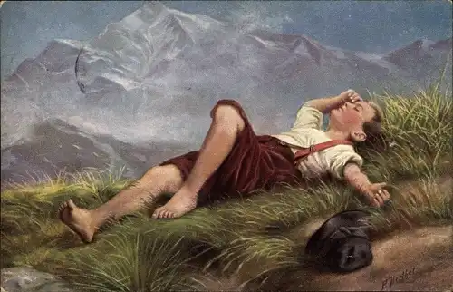 Künstler Ak Herthel, P., Schweizerbub, Junge liegt im Gras, Gebirge
