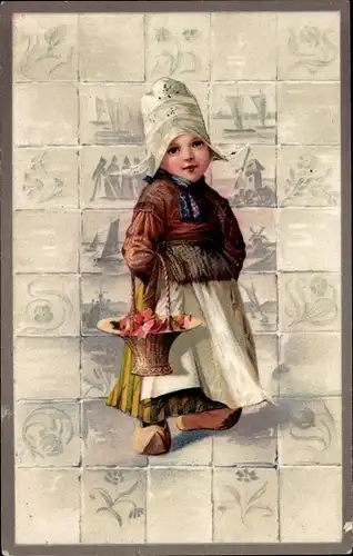 Ak Mädchen in niederländischer Tracht, Kacheln, Blumenkorb