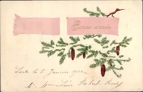 Stoff Ak Glückwunsch Neujahr, Tannenzweige, Zapfen