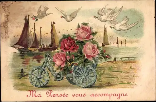 Ak Ma Pensee vous accompagne, Fahrrad aus Blumen, Vergissmeinnicht, Rosen, Tauben, Segelboote