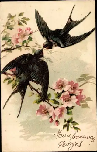 Litho Zwei Schwalben, Blühender Baum