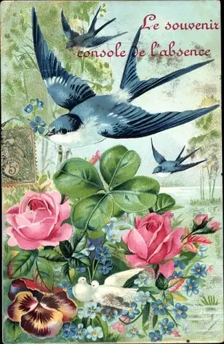 Litho Fliegende Schwalben, Glücksklee, Vergissmeinnicht, Rosen