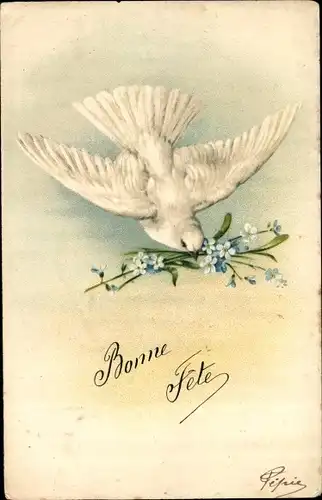 Litho Glückwunsch, Bonne Fete, Taube, Vergissmeinnicht