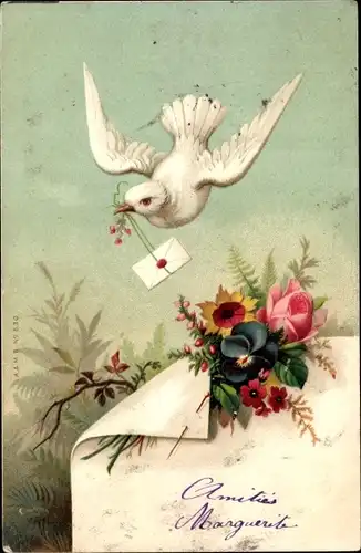 Ak Taube im Flug, Blumenstrauß