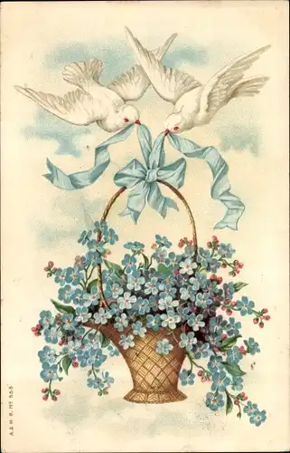 Ak Tauben, Vergissmeinnicht im Korb, Schleife