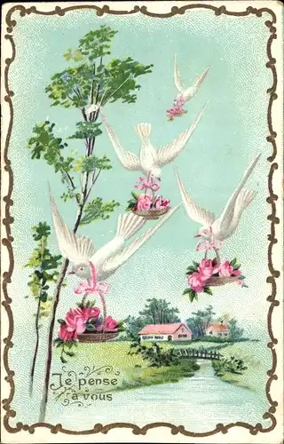 Präge Ak Tauben im Flug, Rosen, Körbe