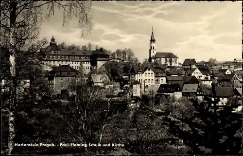 Ak Hartenstein Erzgebirge, Paul-Fleming-Schule und Kirche