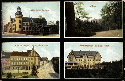 Ak Glauchau in Sachsen, Kaiserliches Postamt, Schloss, Genesungsheim Rümpfwald, Chemnitzer Platz