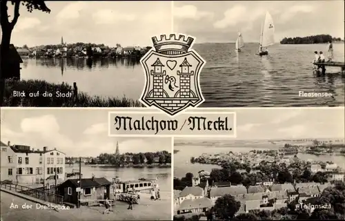 Ak Malchow in Mecklenburg, Blick auf die Stadt, Fleesensee, Teilansicht, An der Drehbrücke, Wappen
