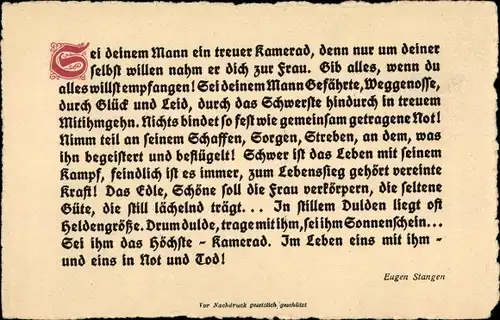 Ak Aufruf von Eugen Stangen, Sei deinem Mann ein treuer Kamerad, denn nur um deiner selbst willen...