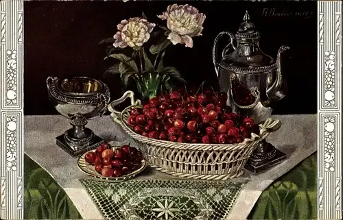Ak Tisch, Blumen, Teekanne, Süßkirchen im Korb