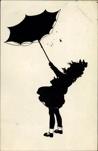 Scherenschnitt Ak Mädchen mit Regenschirm, Stürmisches Wetter