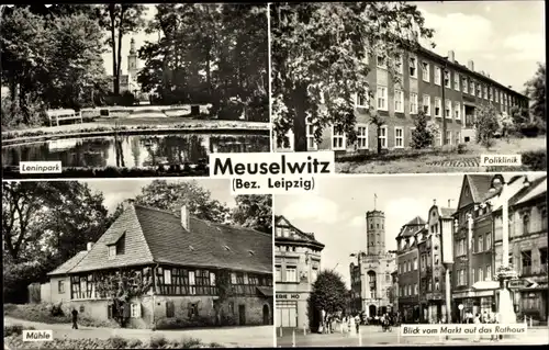 Ak Meuselwitz in Thüringen, Leninpark, Poliklinik, Markt und Rathaus, Mühle