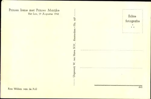 Ak Prinzessin Irene der Niederlande mit Prinzessin Marijke, Het Loo 1948