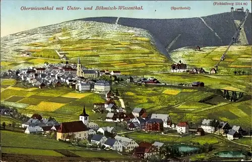 Ak Oberwiesenthal im Erzgebirge, Fichtelberg, Unter- und Böhmisch Wiesenthal, Sporthotel