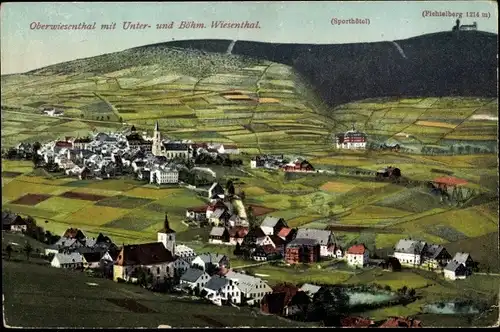 Ak Oberwiesenthal im Erzgebirge, Fichtelberg, Unter- und Böhmisch Wiesenthal, Sporthotel