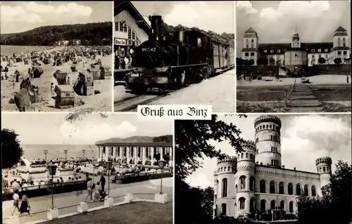 Ak Seebad Binz auf Rügen, Lokomotive 99 542, Strand, Jagdschloss Granitz