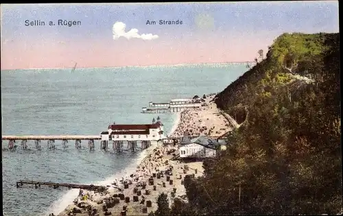 Ak Ostseebad Sellin auf Rügen, Am Strande, Seebrücke