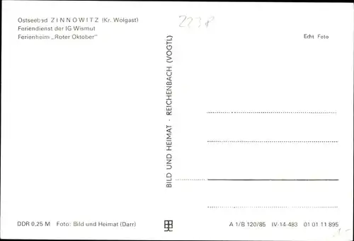 Ak Ostseebad Zinnowitz Usedom, Ferienheim Roter Oktober, FDGB Feriendienst IG Wismut
