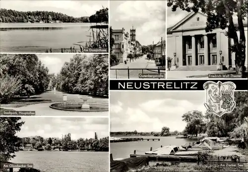 Ak Neustrelitz in Mecklenburg, Gutenbergstraße, Am Zierker See, Friedrich-Wolf-Theater, Wappen