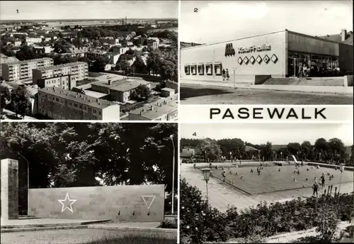 Ak Pasewalk in Mecklenburg Vorpommern, Gedenkstätte Leninhain, HO Kaufhalle, Freibad, Panorama
