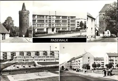 Ak Pasewalk, Friedrich Wolf Oberschule, Thälmann Str., Pulvertor, Prenzlauer Tor, Kinderkombination