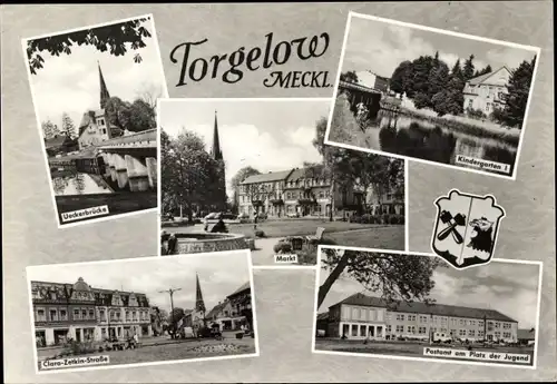 Ak Torgelow an der Uecker, Wappen, Kindergarten I, Postamt, Markt, Ueckerbrücke, Platz der Jugend
