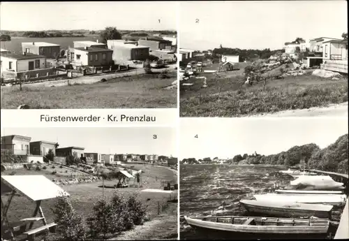 Ak Fürstenwerder in der Uckermark, Bungalowsiedlung Steinfeld am Großen See, Boote