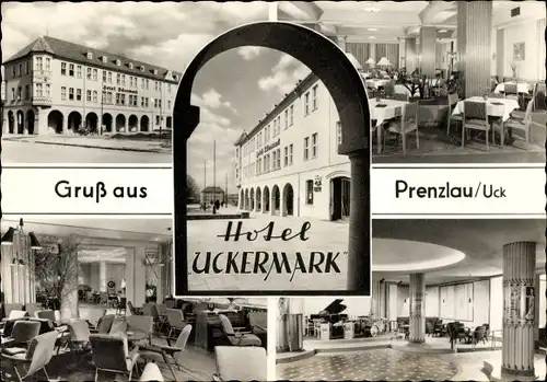 Ak Prenzlau in der Uckermark, Hotel Uckermark, Außenansicht, Inneres, Speisesaal, Klavier