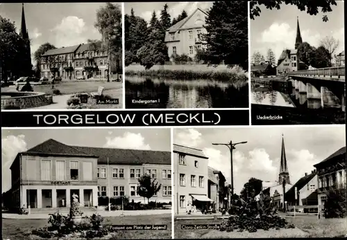 Ak Torgelow an der Uecker, Ueckerbrücke, Kindergarten, Am Markt, Postamt am Platz der Jugend