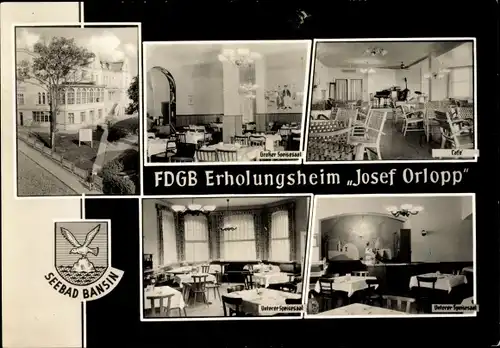 Ak Ostseebad Bansin Heringsdorf auf Usedom, FDGB Erholungsheim Josef Orlopp, Speisesaal, Wappen