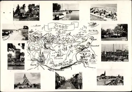 Landkarten Ak Ostseebad Zingst, Barth, Teilansichten, Kirche, Hafen