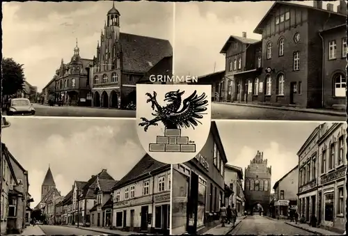 Wappen Ak Grimmen in Mecklenburg Vorpommern, Teilansichten, Rathaus, Bahnhof, Stadttor